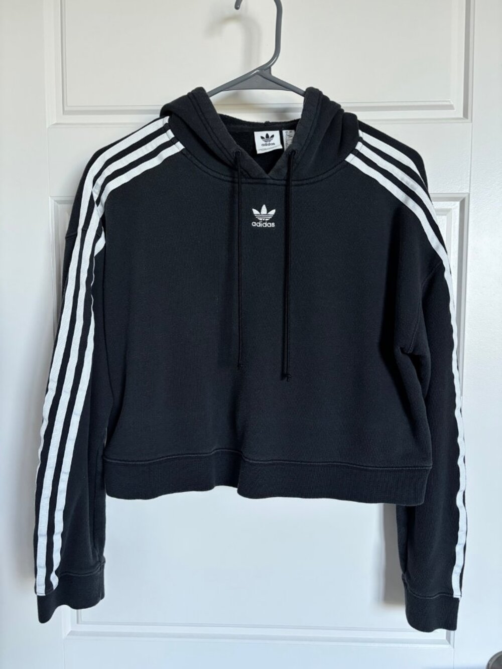 adidas Originals Black Cropped Hoodie — 3-Stripes, Trefoil Logo, Women's S-M